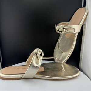 Stuart Weitzman BANDEAU gold metallic T-STRAP bow leather SLIDE flats New